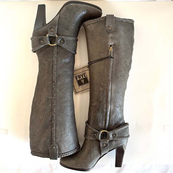 FRYE VICKI TALL GRAY DISTRESSED HARNESS BRAIDED LEATHER HIGH HEEL BOOTS NWT! Sz6 - Picture 10 of 13